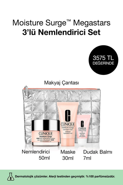 Clinique Moisture Surge™ Megastars 3 Ürünlü Nemlendirici Seti - Yüz Kremi 50ml, Maske 30ml, Balm 7ml, Çanta
