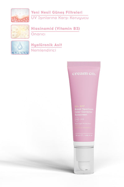 Cream Co. Leke Karşıtı Cilt Tonuna Uyum Sağlayan Işıltılı Bitişli Hafif 50+ Spf Güneş Koruyucu Cc Krem 50 Ml