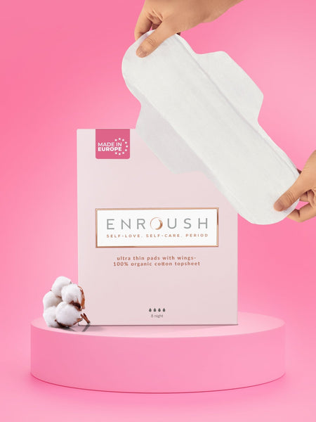 ENROUSH Organik Pamuklu Kanatlı Ped | Gece Pedi 100% Organik Pamuklu - 8 Adet Maxi