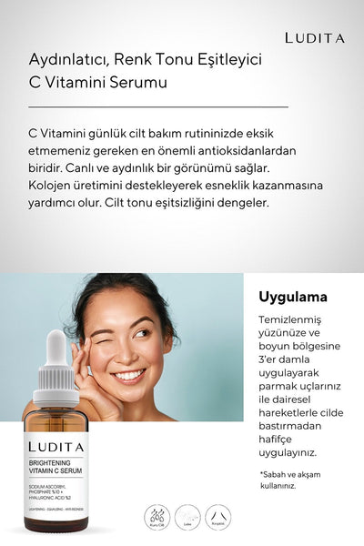 Ludita Aydınlatıcı, Renk Tonu Eşitleyici C Vitamini Serumu (Vitamin C 10% + Hyaluronic Acid 2%)