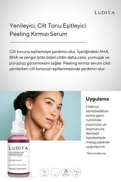 Ludita Yenileyici, Cilt Tonu Eşitleyici Kırmızı Peeling Serum (%20 AHA + %2 BHA)