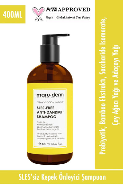 MaruDerm Kepeğe Karşı Etkili Sülfatız Şampuan 400 ML | Normal/Yağlı Saçlar | Sülfatsız,Tuzsuz,Vegan Şampuan