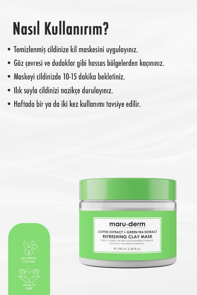 MaruDerm Kil Maskesi | Kahve Özü + Yeşil Çay Özü Tazeleyici Kil Maskesi 100 ML | Tüm Cilt Tipleri | Vegan