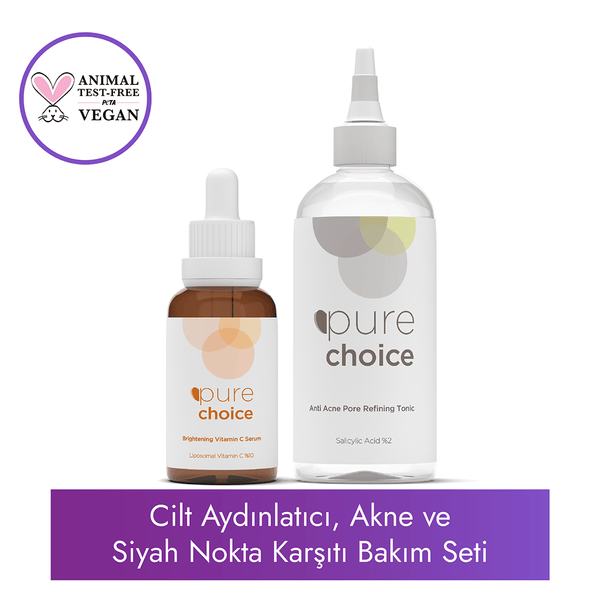 Pure Choice Cilt Aydınlatıcı Akne ve Siyah Nokta Karşıtı Bakım Seti (C Vitamini Serumu + Akne Karşıtı Tonik)