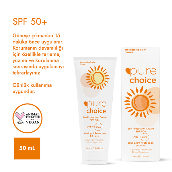Pure Choice SPF 50+ Güneş Koruyucu Krem, 50ml - Suya Dayanıklı Çok Yüksek Koruma
