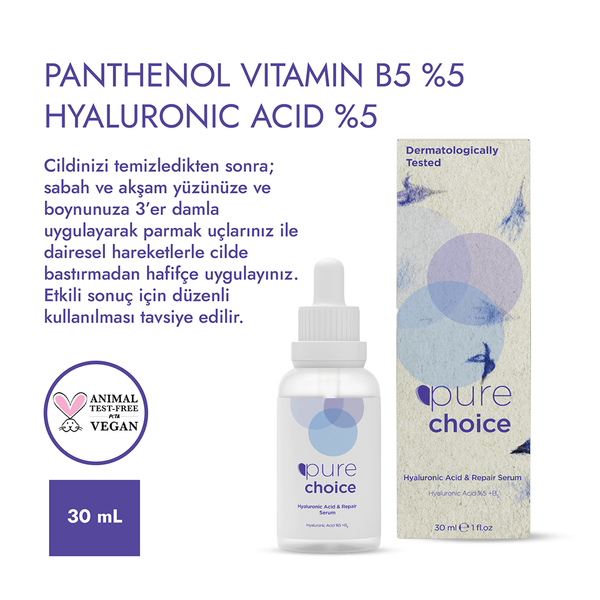 Pure Choice Yoğun Nemlendirici ve Onarıcı Bakım Serumu 30 ML (Hyaluronik Asit%5 + Panthenol Vitamin B5 %5)