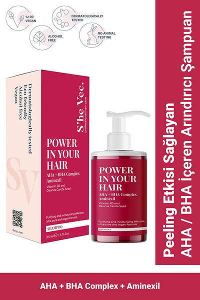 She Vec Power In Your Hair Peeling Etkisi Sağlayan Ve Arındırmaya Yardımcı AHA/BHA İçeren Şampuan 200 ML