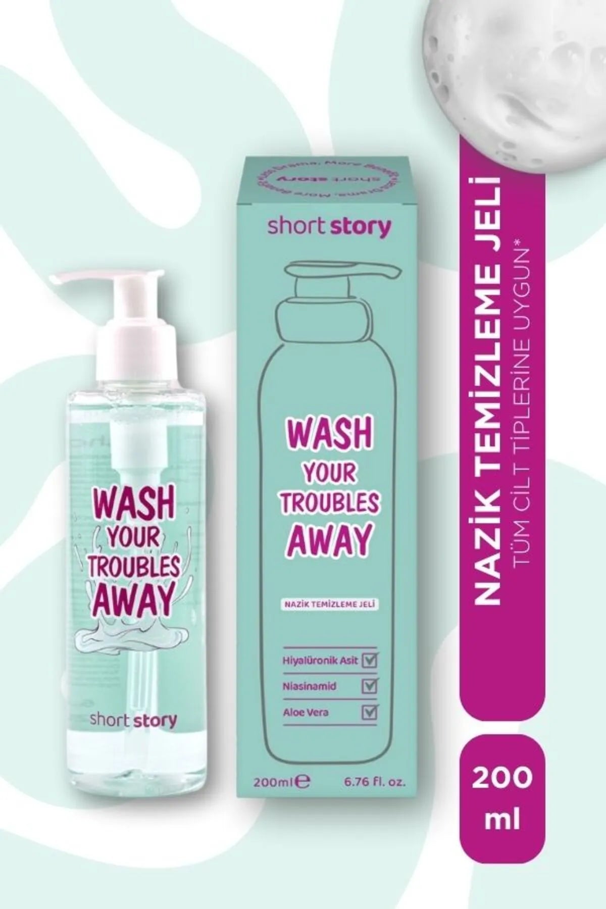 SHORT STORY Wash Your Troubles Away | Nazik Yüz Temizleme Jeli | Hiyalüronik Asit, Niasinamid, Aloe Vera Içerikli Formül | Tüm Cilt Tipleri | Flavus